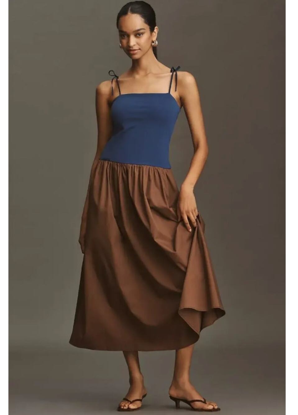 ANTHROPOLOGIE Square Neck Twofer Midi Dress Brown Blue Sz S NWT $158 {3P37}